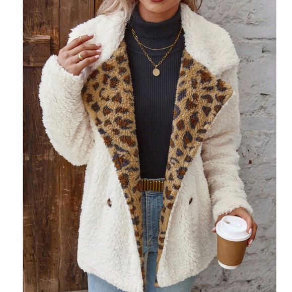 Cozy Leopard Print Teddy Wide Collar Jacket Coat - Picture 4 of 5